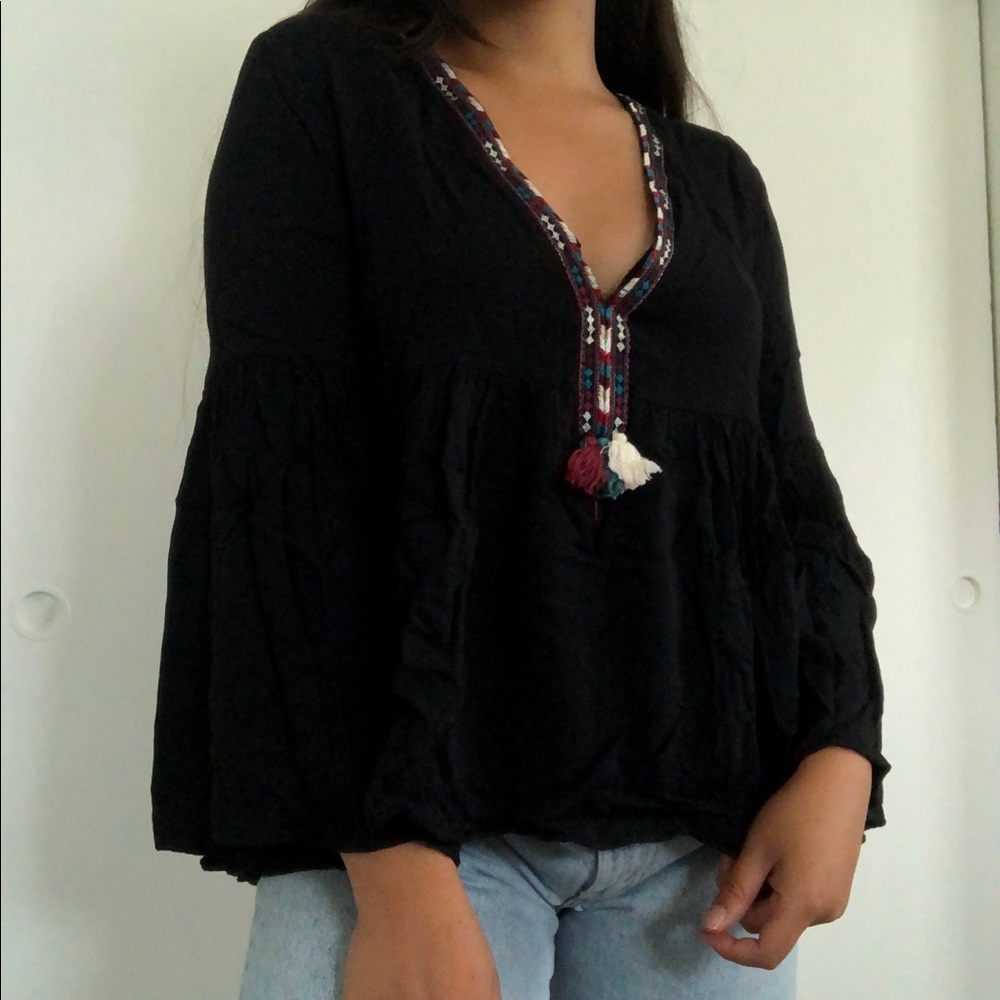 Aleph Black Peasant Top w Multicolor Tassels 🌈
